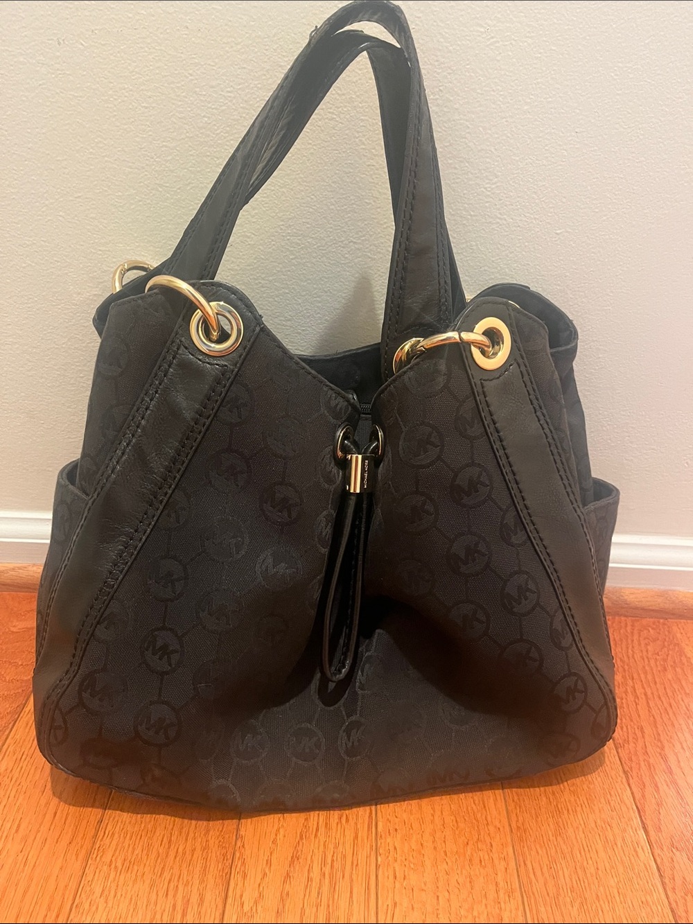 Michael Kors Black Logo-Print Shoulder Bag with Gold Hardware